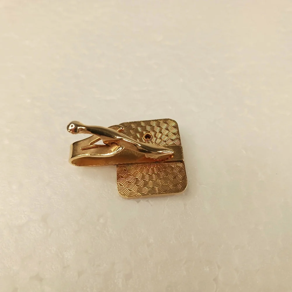 Cufflinks Tie Clip Set VTG MCM Etched Scrolls Stars Space Age Gold Tone Crystal